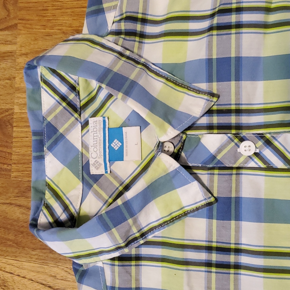 Columbia Plaid Button-Up Long Sleeve Shirt Womens L Periwinkle Lime Green White - Picture 2 of 16